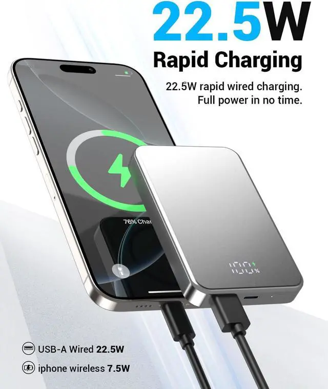 Alt view image 4 of 6 - Magnetic Portable Charger, Wireless Power Bank Aluminum Alloy Small 10000mAh 20W PD USB-C in&Out Fast Charging Battery Pack Phone Charger for iPhone 17/16/15/14/13/12 Series -Silvery