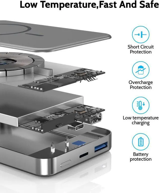 Alt view image 6 of 6 - Magnetic Portable Charger, Wireless Power Bank Aluminum Alloy Small 10000mAh 20W PD USB-C in&Out Fast Charging Battery Pack Phone Charger for iPhone 17/16/15/14/13/12 Series -Silvery