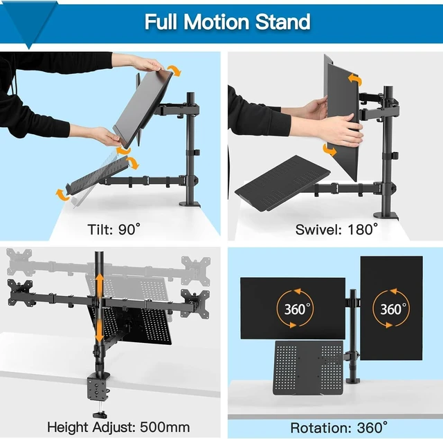 Alt view image 2 of 7 - HUANUO Laptop Mount, Height Adjustable Dual Monitor Mount with Laptop Keyboard Tray Fit Two 13 to 27 Inch Flat Curved Computer Screens and 10 to 17 Inch Notebooks