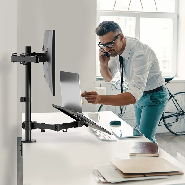 Alt view image 7 of 7 - HUANUO Laptop Mount, Height Adjustable Dual Monitor Mount with Laptop Keyboard Tray Fit Two 13 to 27 Inch Flat Curved Computer Screens and 10 to 17 Inch Notebooks