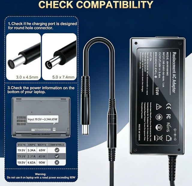Alt view image 2 of 7 - 65W Laptop Charger Compatible with Dell Latitude & Vostro Series Laptops