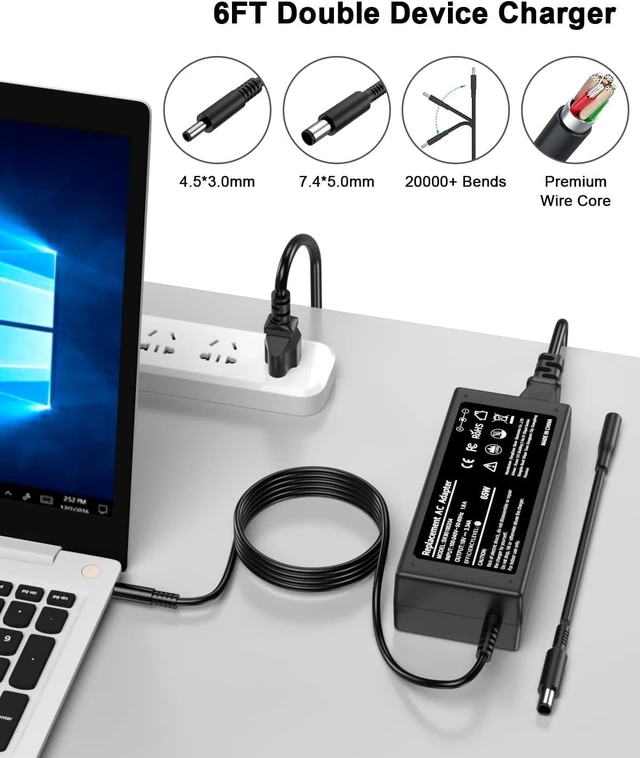 Alt view image 4 of 7 - 65W 45W Charger Compatible with Dell Laptop Inspiron 11/13/14/15/17 3000 5000 7000 Series 3583 3593 5570 Latitude E5450 XPS 13-65 45 Watt AC 2-in-1 Computer Adapter Power Cord 4.5 * 3.0 mm Jack