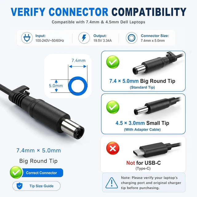 Alt view image 3 of 7 - 65W Laptop Charger Compatible with Dell Latitude Inspiron 7.4/4.5mm