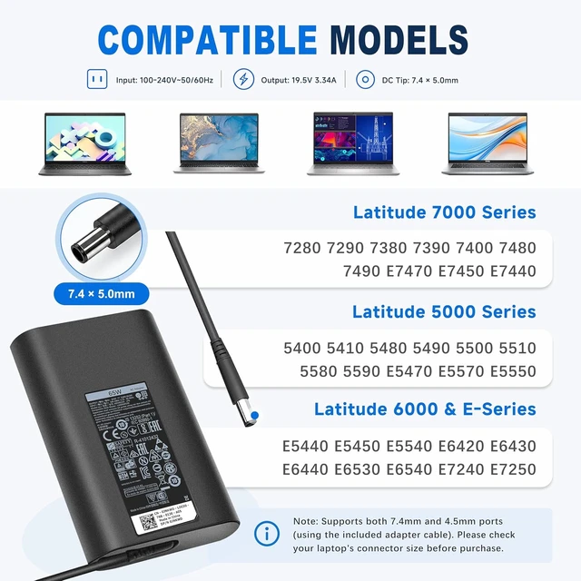 Alt view image 4 of 7 - 65W Laptop Charger Compatible with Dell Latitude Inspiron 7.4/4.5mm