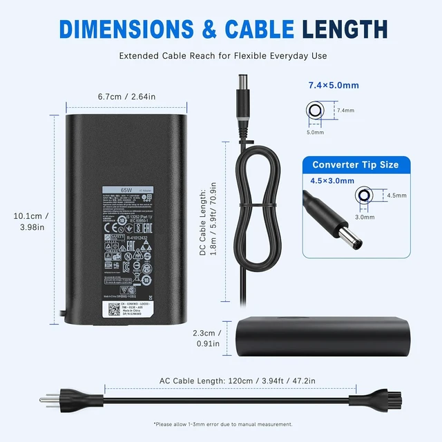 Alt view image 5 of 7 - 65W Laptop Charger Compatible with Dell Latitude Inspiron 7.4/4.5mm