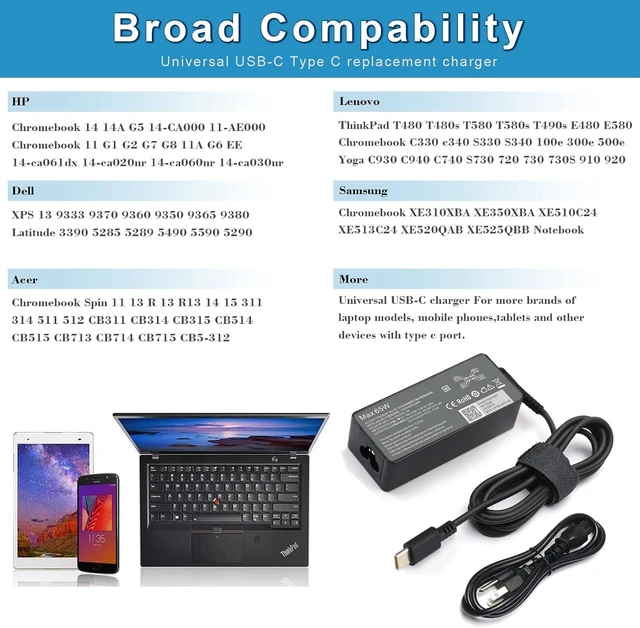 Alt view image 2 of 7 - 65W Type C USB-C Charger for Lenovo Chromebook 100e 300e 500e C330 C340 S330 Yoga C930 C740 S730 730 730S 720 910 920 ThinkPad X1 Carbon 5th 6th 7th 8th Gen T480s T490s T580s T580 T590 T480 E480