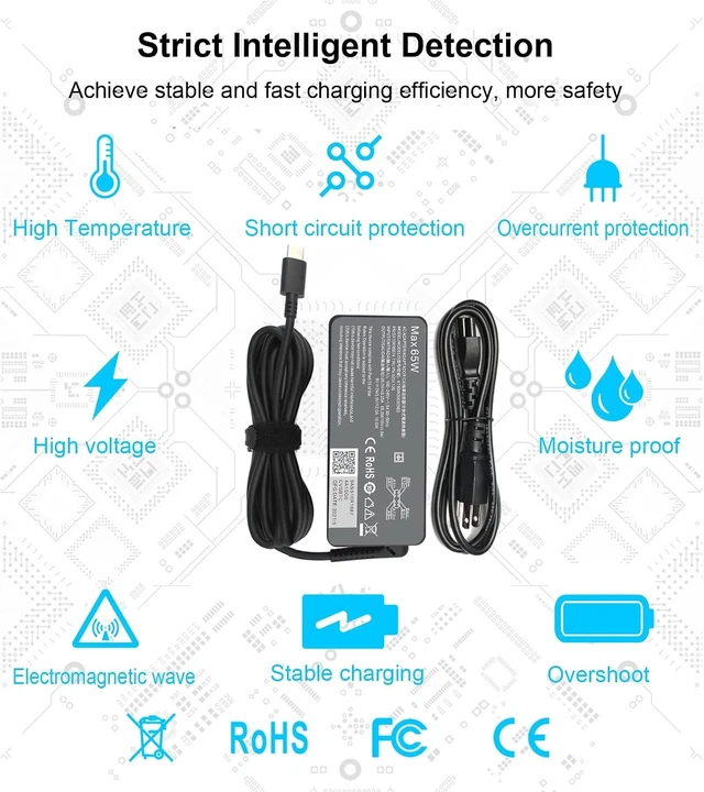 Alt view image 6 of 7 - 65W Type C USB-C Charger for Lenovo Chromebook 100e 300e 500e C330 C340 S330 Yoga C930 C740 S730 730 730S 720 910 920 ThinkPad X1 Carbon 5th 6th 7th 8th Gen T480s T490s T580s T580 T590 T480 E480