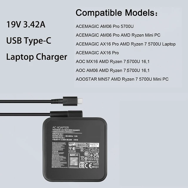 Alt view image 5 of 6 - 19V 65W USB C Charger Compatible with ACEMAGIC AX16 Pro AX16PRO 16.1 inch AMD Ryzen 7 5700U MALLRACE AX16 / AX16 Pro AOC MX16 AM06 Laptop Power Supply (Not 20V)