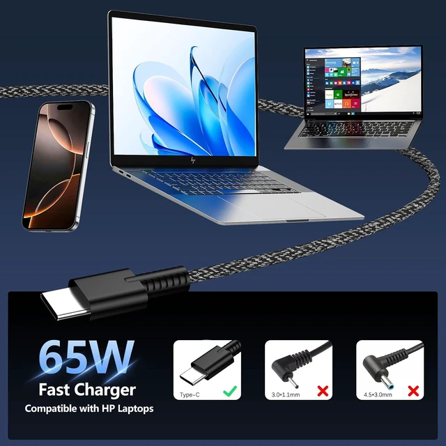 Alt view image 6 of 7 - New Slim 65W USB C Laptop Charger Compatible with HP Probook/Omnibook