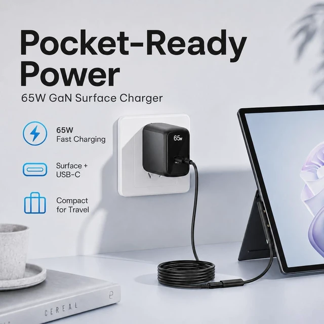 Alt view image 3 of 7 - 65W GaN Surface Pro Charger, 2-in-1 Power Adapter for Microsoft Surface Pro 3/4/5/6/7/8/9/10/11/12/X, Surface Book, Surface Laptop & Tablet, USB-C Fast Charger with Magnetic Surface Connector