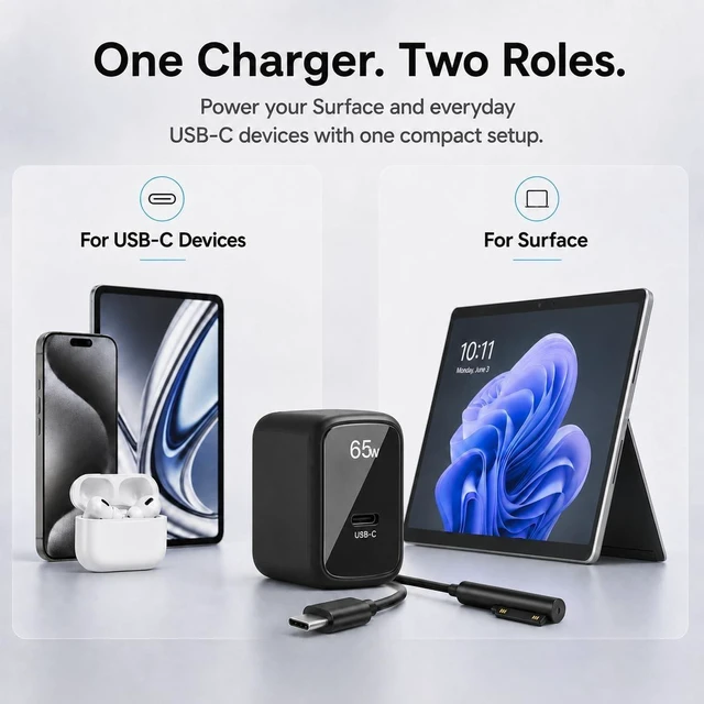 Alt view image 5 of 7 - 65W GaN Surface Pro Charger, 2-in-1 Power Adapter for Microsoft Surface Pro 3/4/5/6/7/8/9/10/11/12/X, Surface Book, Surface Laptop & Tablet, USB-C Fast Charger with Magnetic Surface Connector