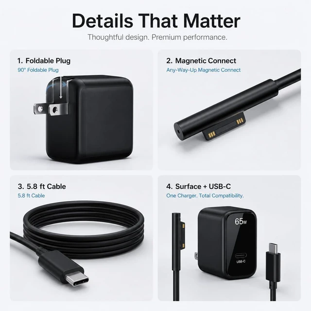 Alt view image 6 of 7 - 65W GaN Surface Pro Charger, 2-in-1 Power Adapter for Microsoft Surface Pro 3/4/5/6/7/8/9/10/11/12/X, Surface Book, Surface Laptop & Tablet, USB-C Fast Charger with Magnetic Surface Connector