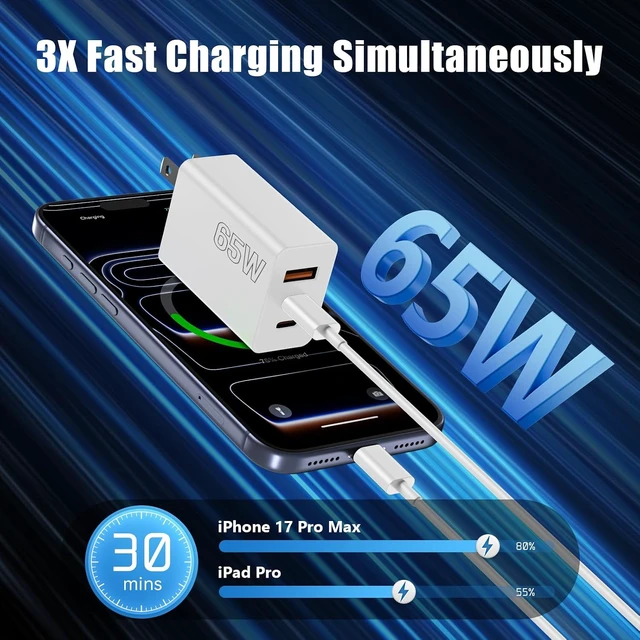 Alt view image 2 of 7 - 65W USB C Charger Block, 2Pack 3 Port PD&AC Super Fast Type C Charging Adapter, 100W Wall Charger Plug Cube for MacBook Pro/Air,iPad Pro,iPhone 17/16/15,Galaxy S25,and More