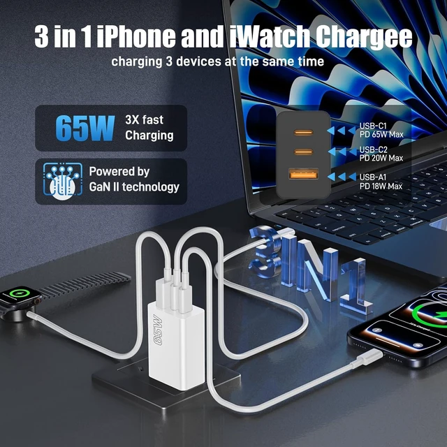 Alt view image 3 of 7 - 65W USB C Charger Block, 2Pack 3 Port PD&AC Super Fast Type C Charging Adapter, 100W Wall Charger Plug Cube for MacBook Pro/Air,iPad Pro,iPhone 17/16/15,Galaxy S25,and More