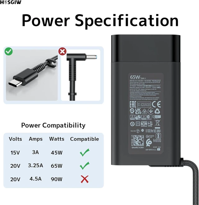 Alt view image 2 of 7 - 65W Type C Slim Charger for HP Spectre Envy EliteBook Pavilion X360 Laptop