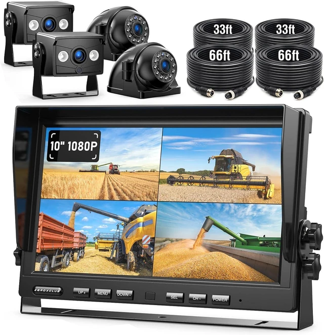 Main image of 4 Wired Backup Camera System, 10" 1080P Monitor IP69K Waterproof Vibration-Proof 10G Rear Side View Camera, Quad Split Screen for Tractor, Truck, Trailer, Combine, Heavy Equipment, BH104