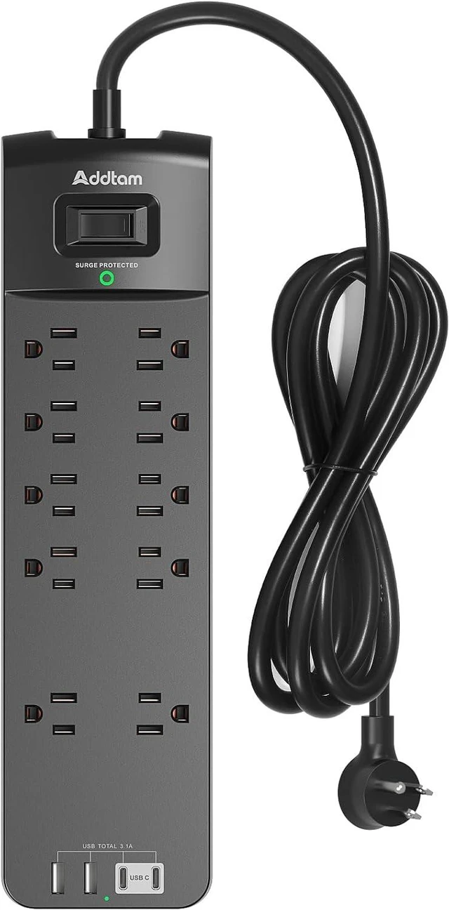 Main image of Power Strip - Addtam Surge Protector with 10 Outlets and 4 USB Ports, 6 Feet Extension Cord with Flat Plug, 2700 Joules, ETL Listed, Black