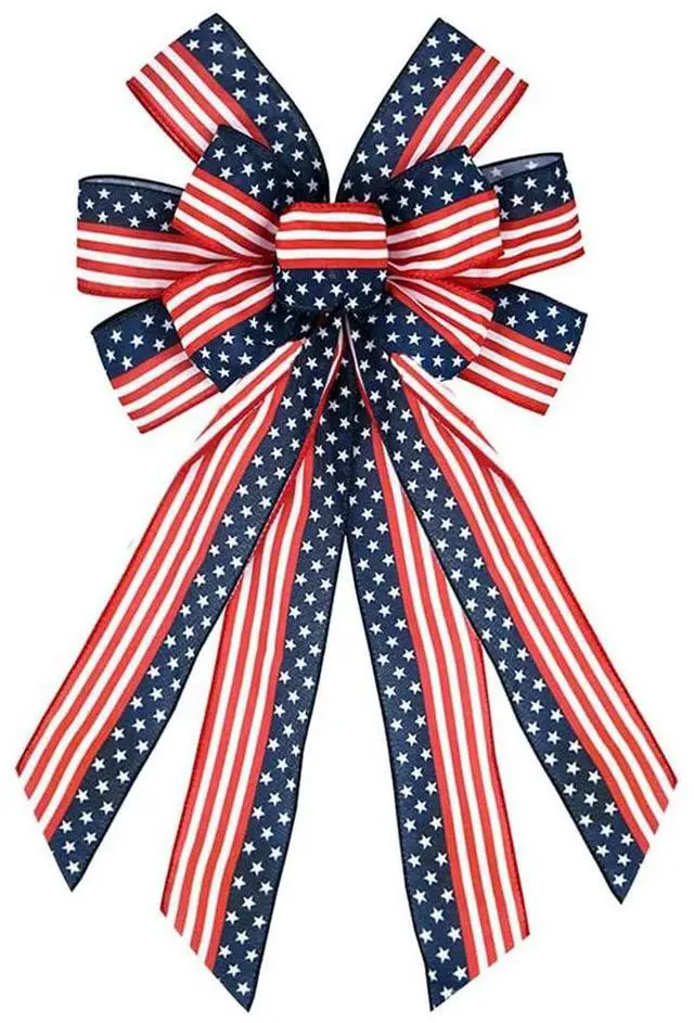 4th of July Bow Decorative Independence Day Bow White and Blue Star Stripe Bow Patriotic Bow Decoration for Wall Front Door