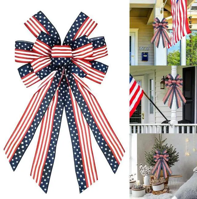 Alt view image 2 of 3 - 4th of July Bow Decorative Independence Day Bow White and Blue Star Stripe Bow Patriotic Bow Decoration for Wall Front Door