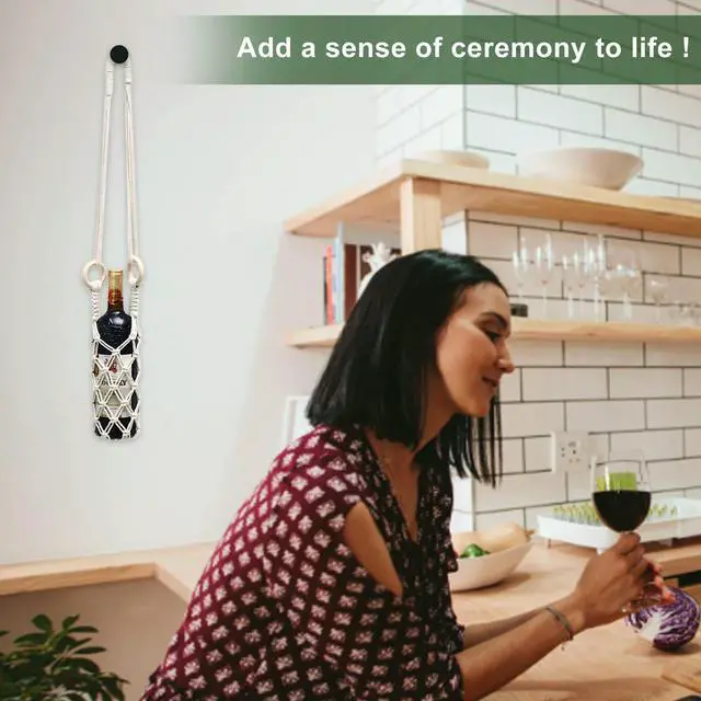 Alt view image 3 of 3 - Macrame Water Bottle Holder Portable Woven Rope Wine Bottle Bag Handmade Crochet Weave Net Pocket Bag for Hiking Cycling Fitness