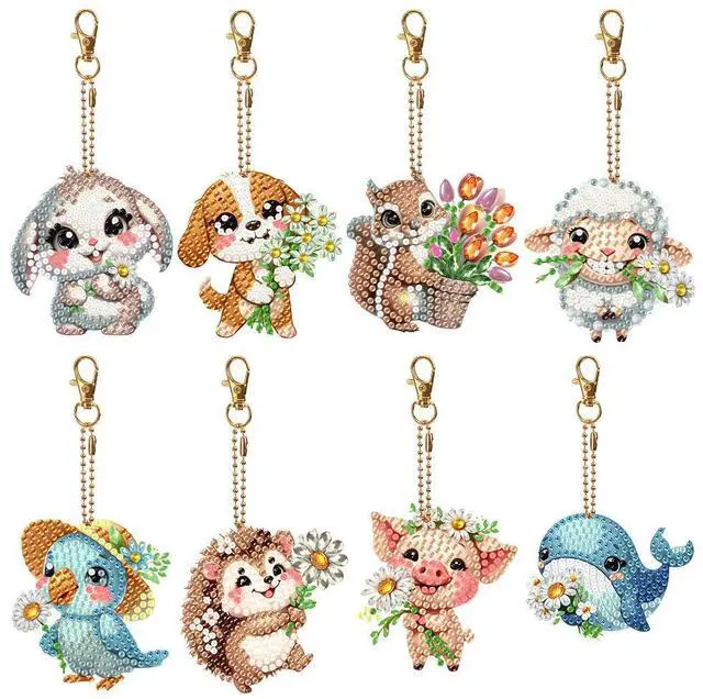 Alt view image 5 of 6 - 8Pcs Double Sided Spring Flower Animal Diamond Art Keyring Rhinestone Painting Keychain Pendant for Home Birthday Party Decor