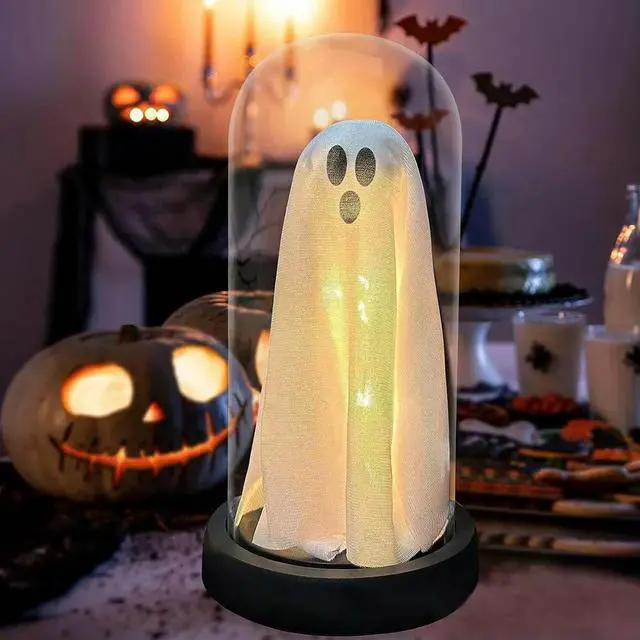 Alt view image 6 of 6 - Halloween Decor Light Up Ghost in Plastic Cloche Cute Ghost with Light Halloween Ghost Night Light for Home Tabletop Party Decor