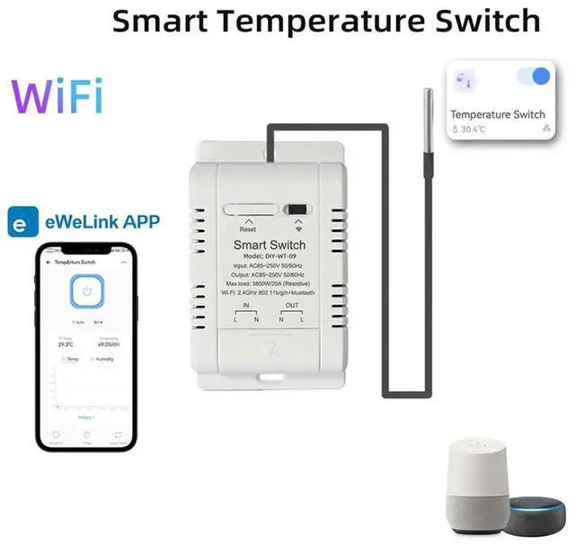 Alt view image 4 of 4 - Temperature Switch with 2M Sensor EWelink 20A Thermostat Temperature Switch Supports Voice Control