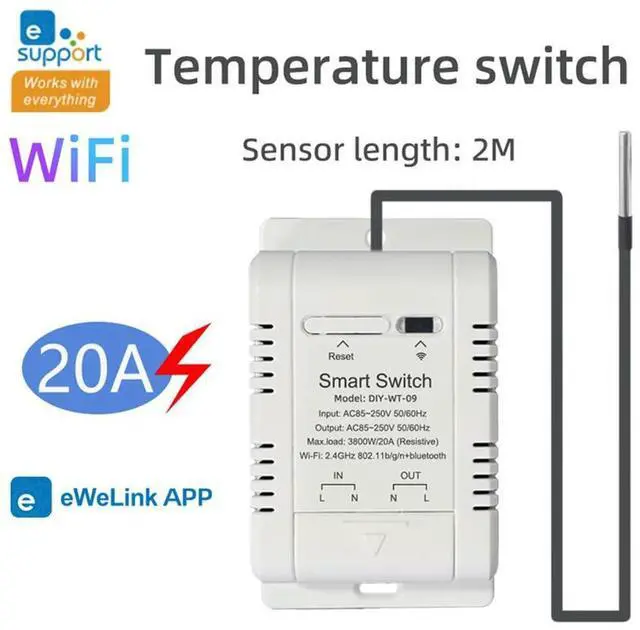 Alt view image 3 of 4 - Temperature Switch with 2M Sensor EWelink 20A Thermostat Temperature Switch Supports Voice Control