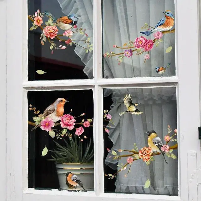 Alt view image 2 of 6 - 30*60cm Branch Bird Flower Wall Sticker Window Sticker Living Room Bedroom Restaurant Decorative Self-adhesive Wall Sticker