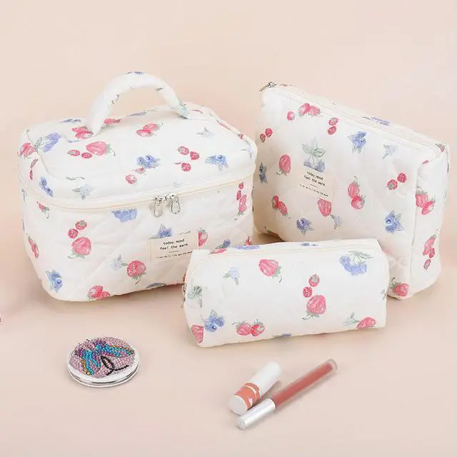 Main image of 3Pcs Adorable Padding Skincare Pouch Large Capacity Aesthetic Toiletry Purse Strawberry Print Bathroom Shower Travel Bag