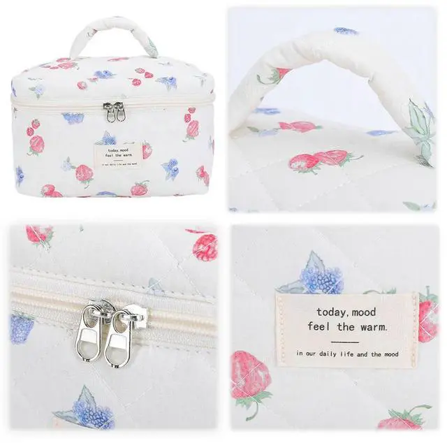 Alt view image 3 of 6 - 3Pcs Adorable Padding Skincare Pouch Large Capacity Aesthetic Toiletry Purse Strawberry Print Bathroom Shower Travel Bag