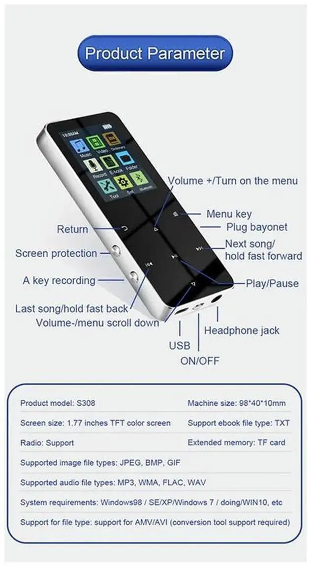 Alt view image 4 of 4 - TFT Mp4 Video Player USB 2.0 3.5Mm Jack Bluetooth-Compatible 5.0 Sports Mp4 With E-Book Recording Built-In Speaker