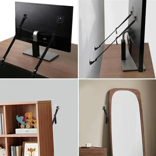 Alt view image 2 of 3 - 4 PCS TV Adjustable Safety Straps Earthquake Straps,No Drill Adhesive Anti Tip Furniture Anchors Flat Screens To Wall