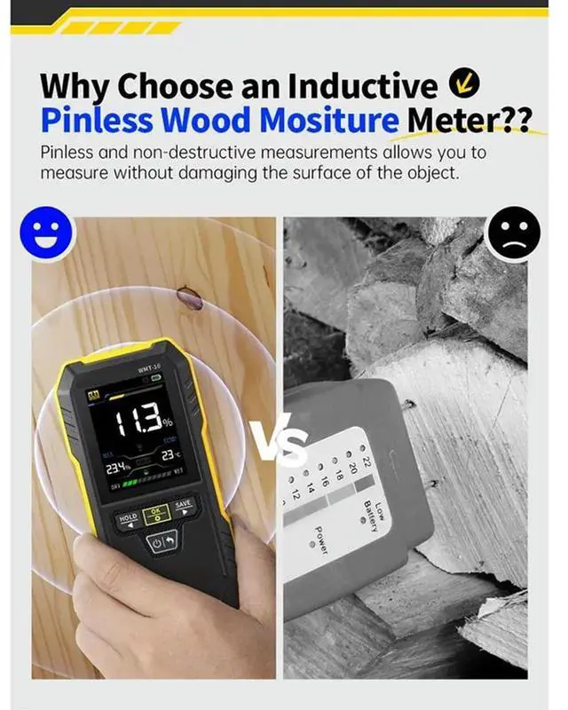 Alt view image 2 of 4 - Digital Inductive Wood Moisture Meter Hygrometer 0.1% Pinless Non-Contact Timber Damp Wall Detector Humidity Temp Tester