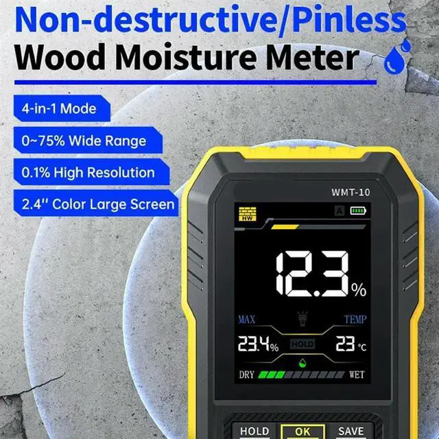 Alt view image 4 of 4 - Digital Inductive Wood Moisture Meter Hygrometer 0.1% Pinless Non-Contact Timber Damp Wall Detector Humidity Temp Tester