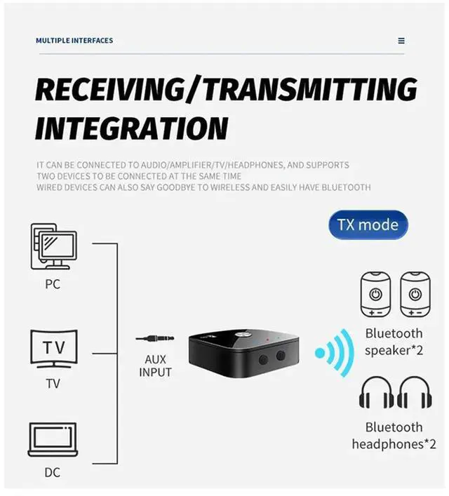 Alt view image 3 of 6 - 2-In-1 Bluetooth Receiver & Transmitter 5.4 Supports One-To-Two Qualcomm Chips CSR Audio Converter APTX
