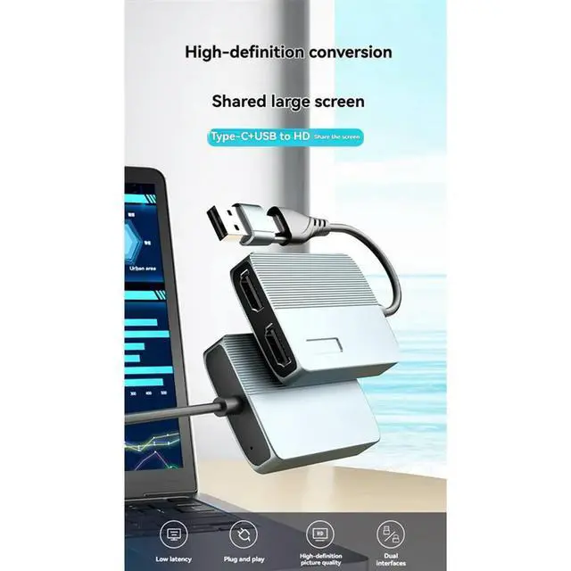 Alt view image 2 of 5 - USB+ Type-C To Dual  1080P Dual Monitor Extend Splitter Extended Display Compatible Adapter For 2 Monitors