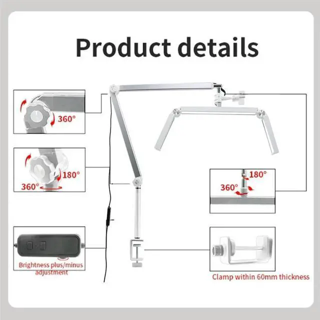 Alt view image 5 of 6 - 30W Professional Eyelash Lamp 26-Inch Folding Cantilever Half-Moon Lamp With Desktop Clamp And Remote Control US Plug