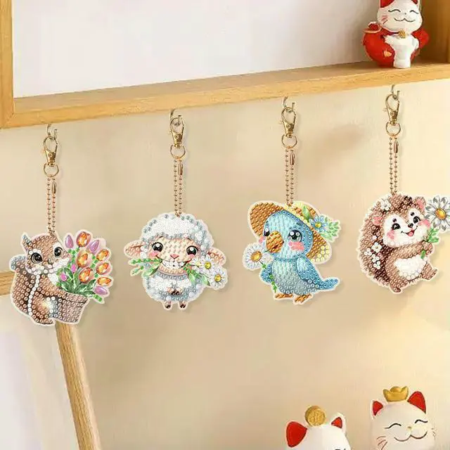 Alt view image 3 of 6 - 8Pcs Double Sided Spring Flower Animal Diamond Art Keyring Rhinestone Painting Keychain Pendant for Home Birthday Party Decor