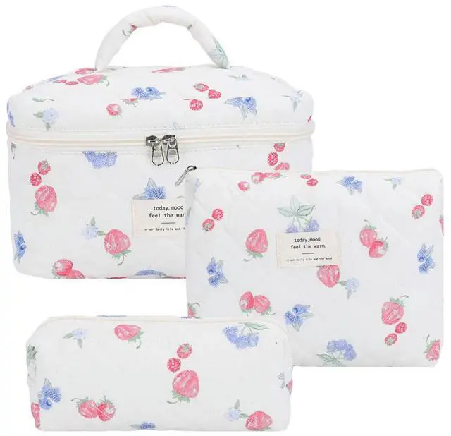 Alt view image 5 of 6 - 3Pcs Adorable Padding Skincare Pouch Large Capacity Aesthetic Toiletry Purse Strawberry Print Bathroom Shower Travel Bag
