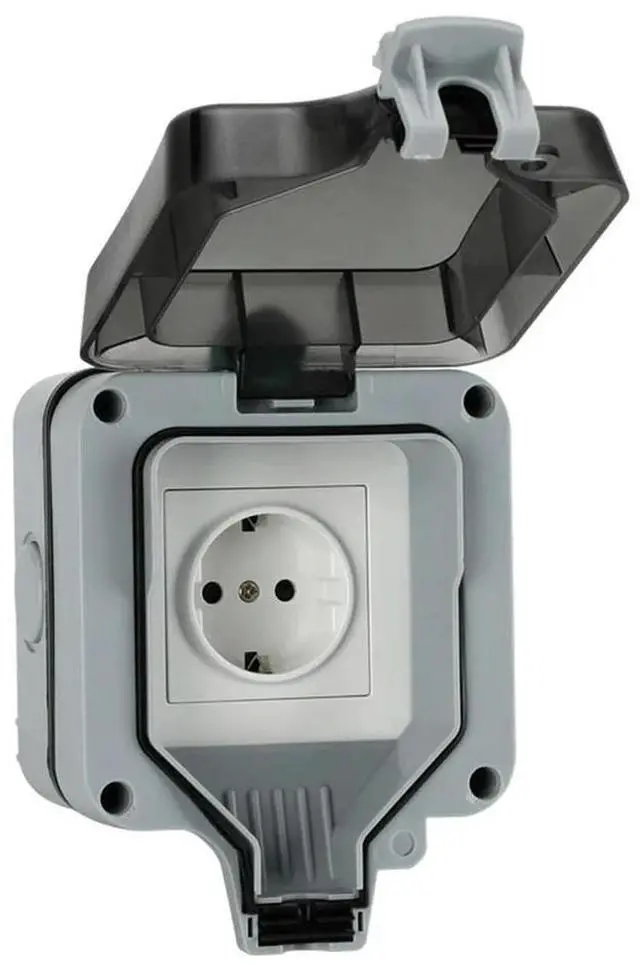 Main image of EU Type 1gang Switch Socket Box IP66 Waterproof Rated 16A for Outdoor and Bathroom Use with Anti Dust and Rain Sealing System