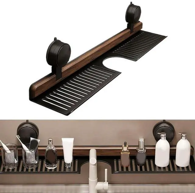 Main image of Stylish Walnut Suction Cup Rack: Drilling-Free For Bathroom & Kitchen Home Improvement Accessory