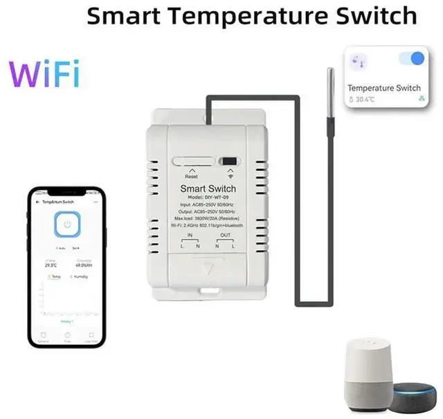 Alt view image 7 of 7 - 3X Temperature Switch With 1M Sensor Ewelink 20A Thermostat Temperature Switch Supports Voice Control