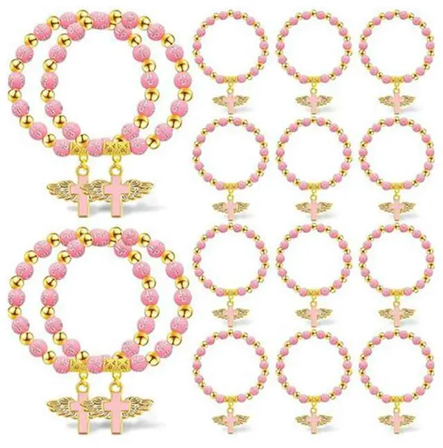 Alt view image 2 of 6 - 60Pcs Angel Wing Rosary Rosary Bracelets Baptism Beaded Bracelets For Women Girls Boy Baptism Favors Communion