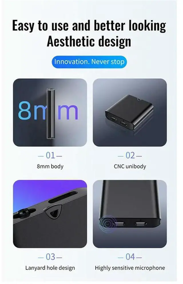 Alt view image 6 of 6 - Voice Control Recorder 30 Days Standby Recording Aluminum Alloy Body HD Digital Voice Recorder 8G