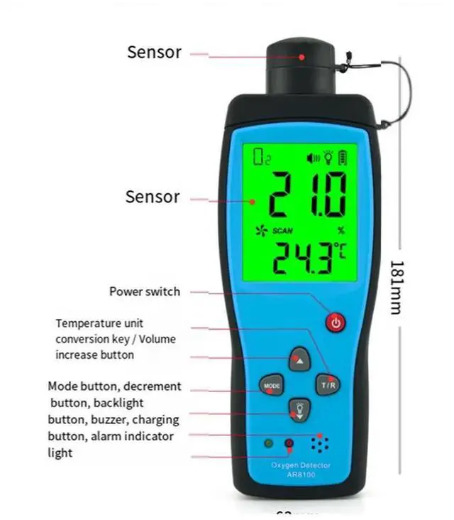 Alt view image 3 of 6 - Oxygen Detector O2 Gas Detector AR8100 Rechargeable LCD ligent SENSOR O2 Gas Meter Oxygen Monitor