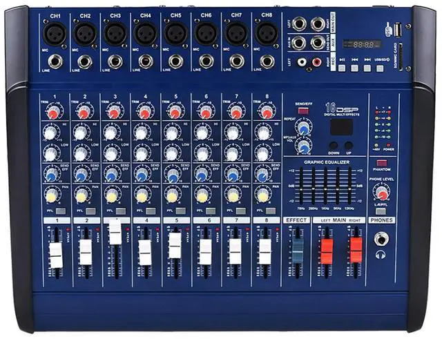 Alt view image 2 of 3 - 8 Channel Powered Mixer Amplifier Digital Audio Mixing Console Amp 48V Phantom Power USB/ SD Slot for Recording DJ Stage Karaoke