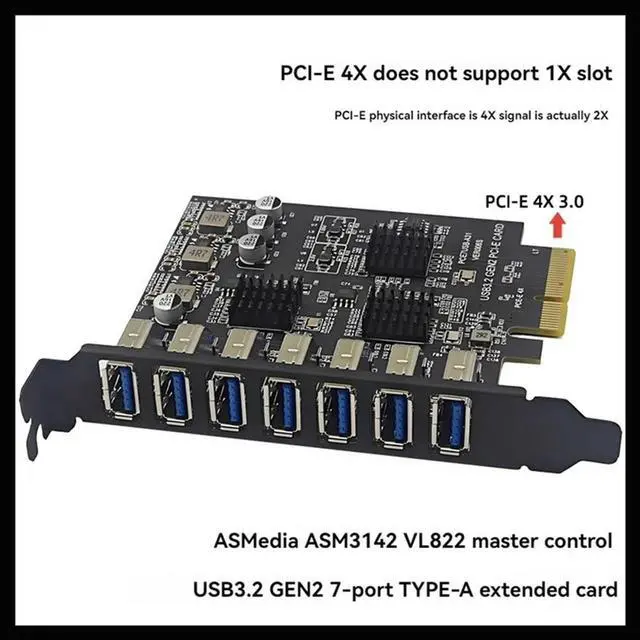Alt view image 4 of 4 - USB3.2 GEN2 10Gbps Pcie Expansion Card TYPE-A PCI-E 4X To 7 Ports USB 3.0 Expansion Adapter Card PCI-E Controller Card