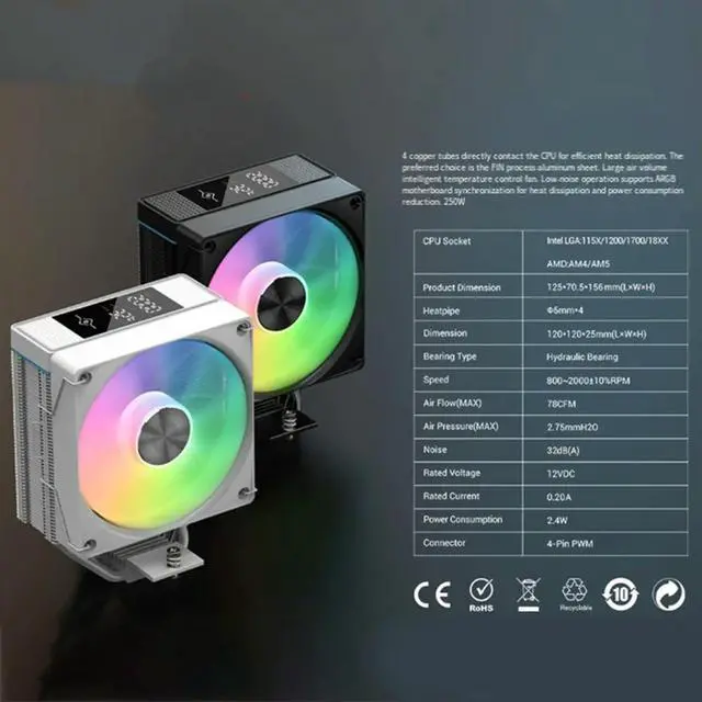 Main image of CPU Cooler With 4 Heat Pipes Professional Digital Display Radiator-TDP 250W4PIN CPU Air Cooler For LGA1700 AM4 AM5 B
