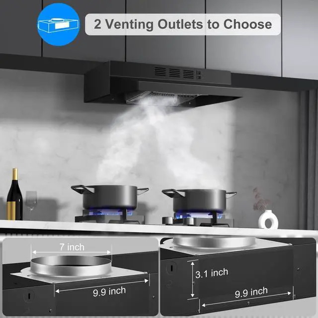 Alt view image 3 of 7 - Black Range Hood 24 inch,Ductless Range Hood Under Cabinet,Black Coating Stainless Kitchen Exhaust Hood with 2-speed Fan,230 CFM,Rocker Switch,Hard-wired Stove Vent Black Ventless